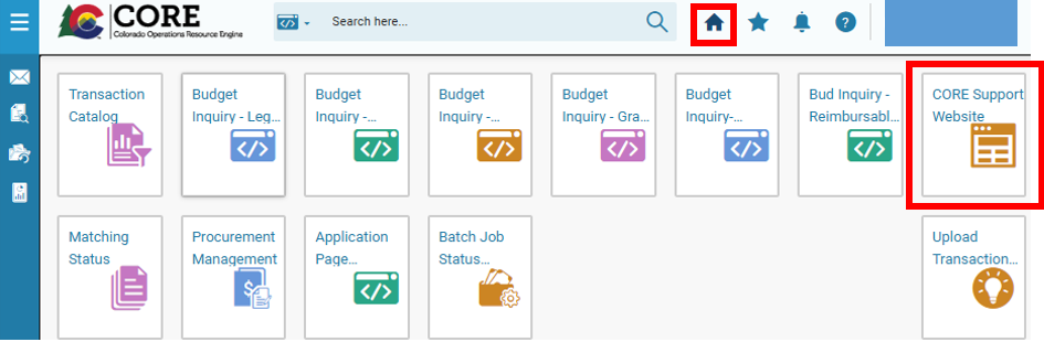 CORE Landing Page with a red box around the Home icon and the CORE Support Website icon