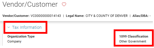 VCUST Table in CORE showing the Tax Information section on the Vendor/Customer tab with the Tax Information and 1099 Classification within that section with a red box around each area.