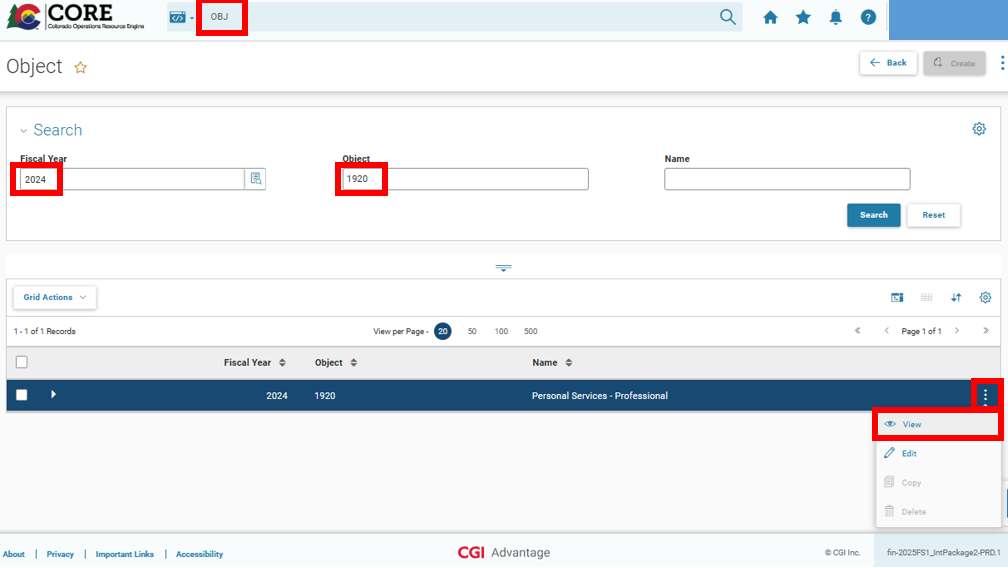 Screenshot of the CORE website with a red box around the Search bar with the word "OBJ" and a red box around the Fiscal Year and Object fields. In the transaction line there is a red box around the three dots in the far right corner and around the View picklist item.