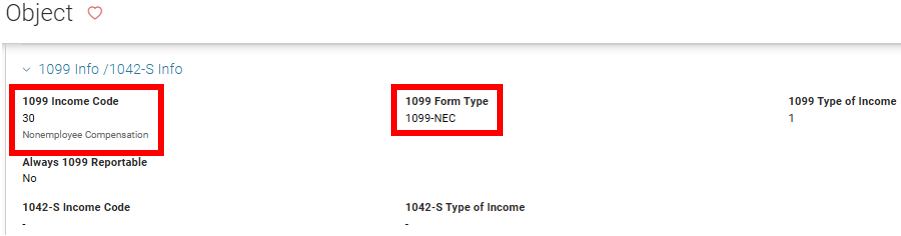 Screenshot of the OBJ table in CORE with a red box around the 1099 Income Code and 1099 Form Type fields.