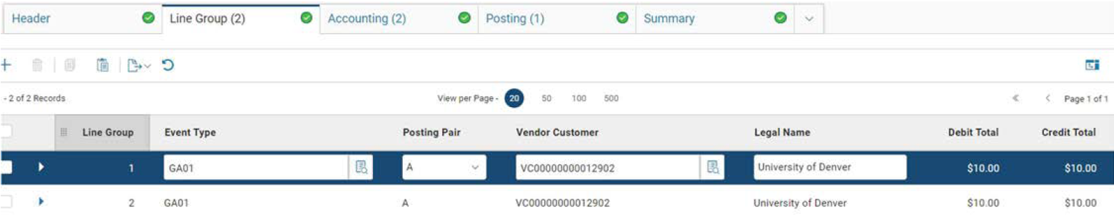 Screenshot of a transaction with the Line Group tab open showing two lines with the same information.