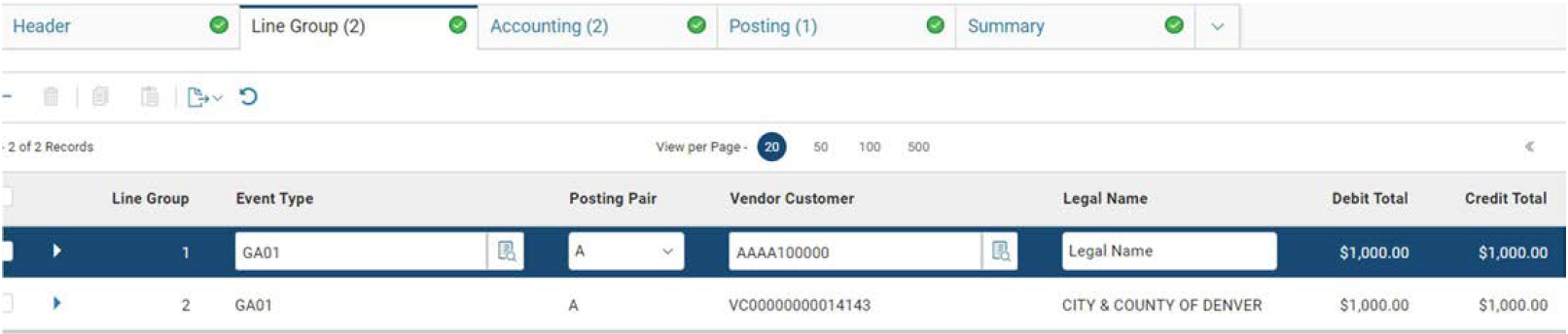 Screenshot of a transaction with the Line Group tab open showing two lines. The first line has the Vendor Customer field as AAAA100000 and Legal Name field as Legal Name. The second line has the Vendor Customer field as VC00000000014143 and Legal Name field as CITY & COUNTY OF DENVER.