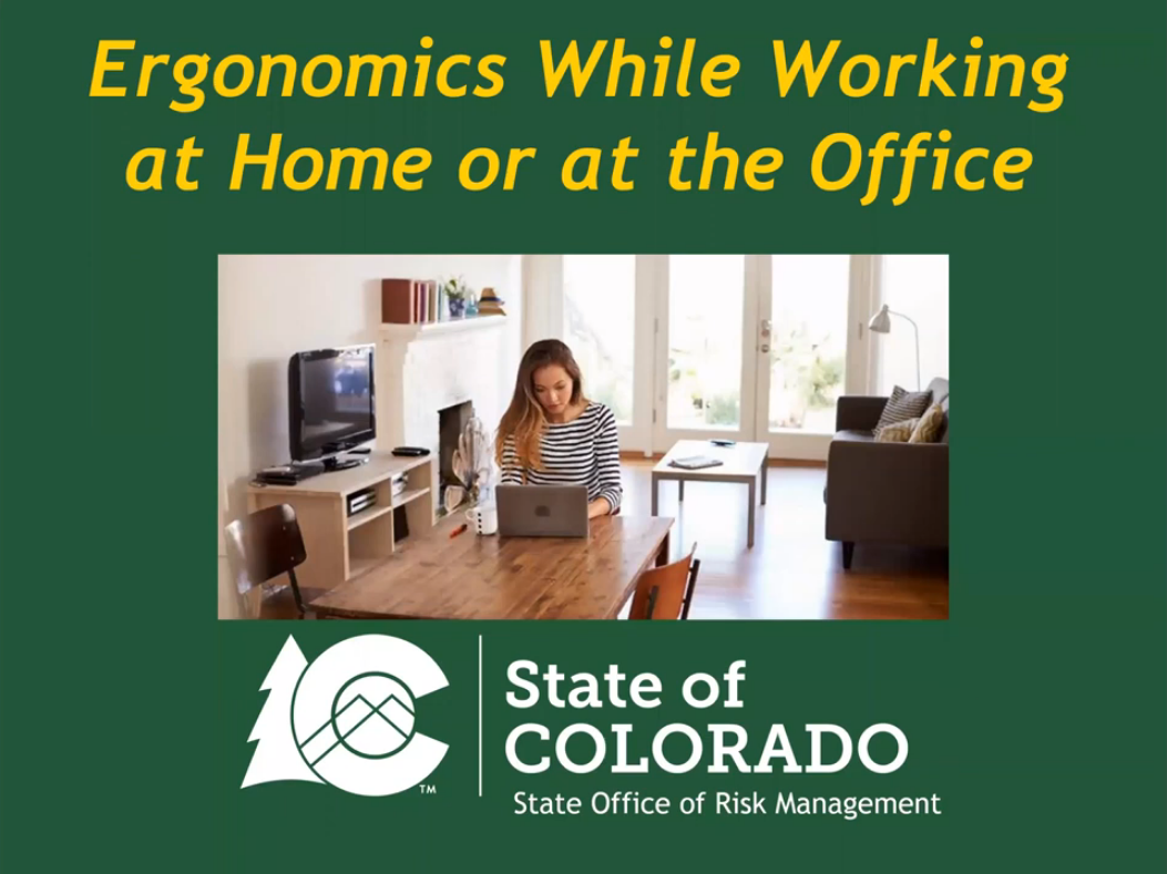 Ergonomics While working at Home or at the Office text with photo of woman working in a home environment